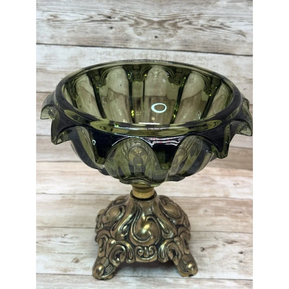 VTG 1970s Avocado Glass Candy Dish Lid Metal Pedestal Rare Hollywood Regency